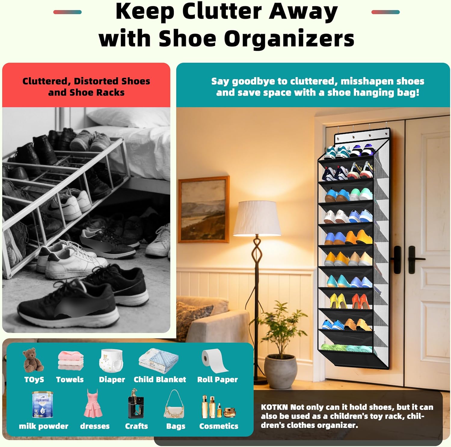 PAULONE 10-Pocket Multi-Use Over the Door Organizer, Heavy Duty 95lbs Capacity with Breathable Mesh, Versatile Hanging Storage for Shoes, Toys, Office Supplies-Classic (Black, 10-Shelf,)