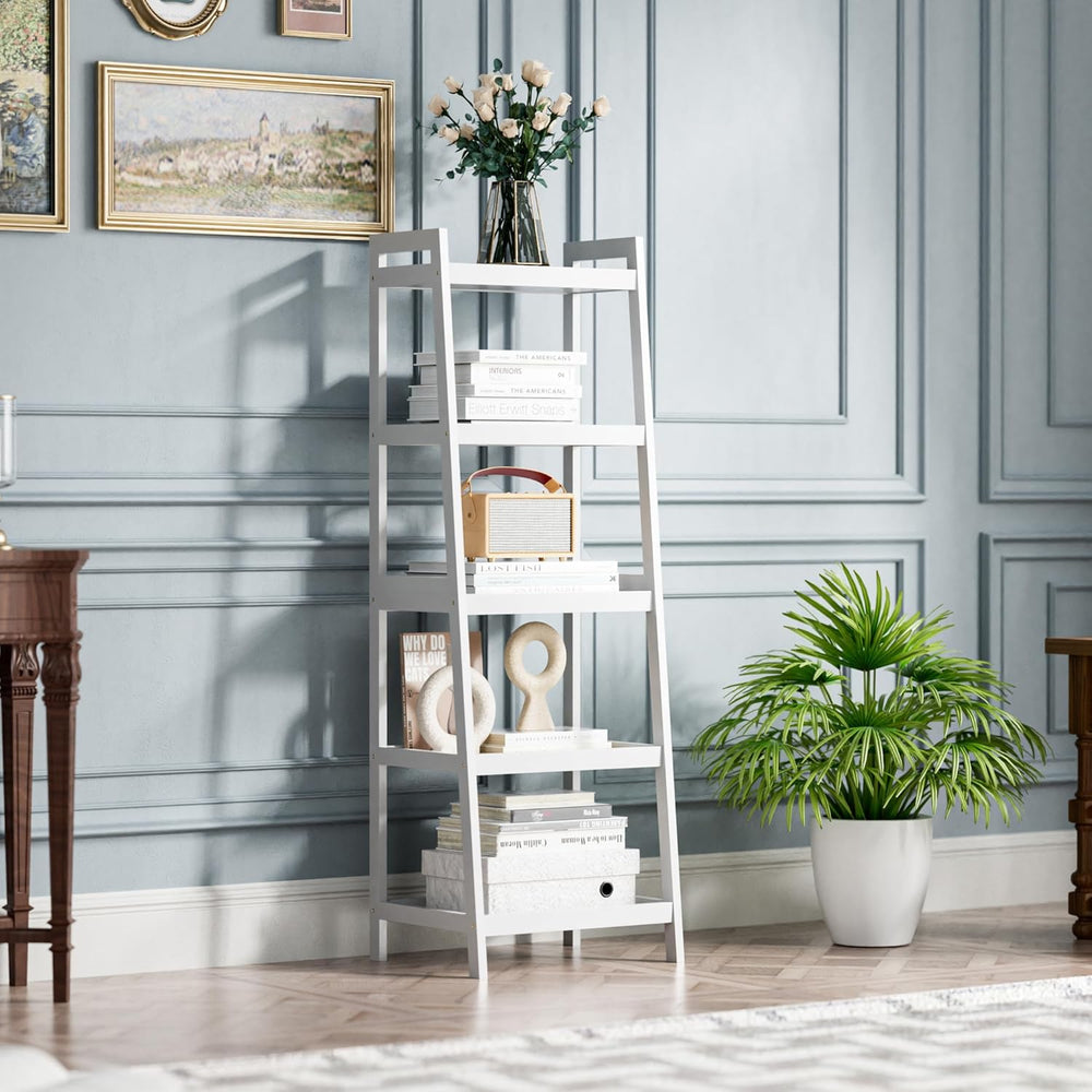 Bamboo Ladder Bookcase 5-Tier Freestanding Shelf, Bathroom Storage Rack &...