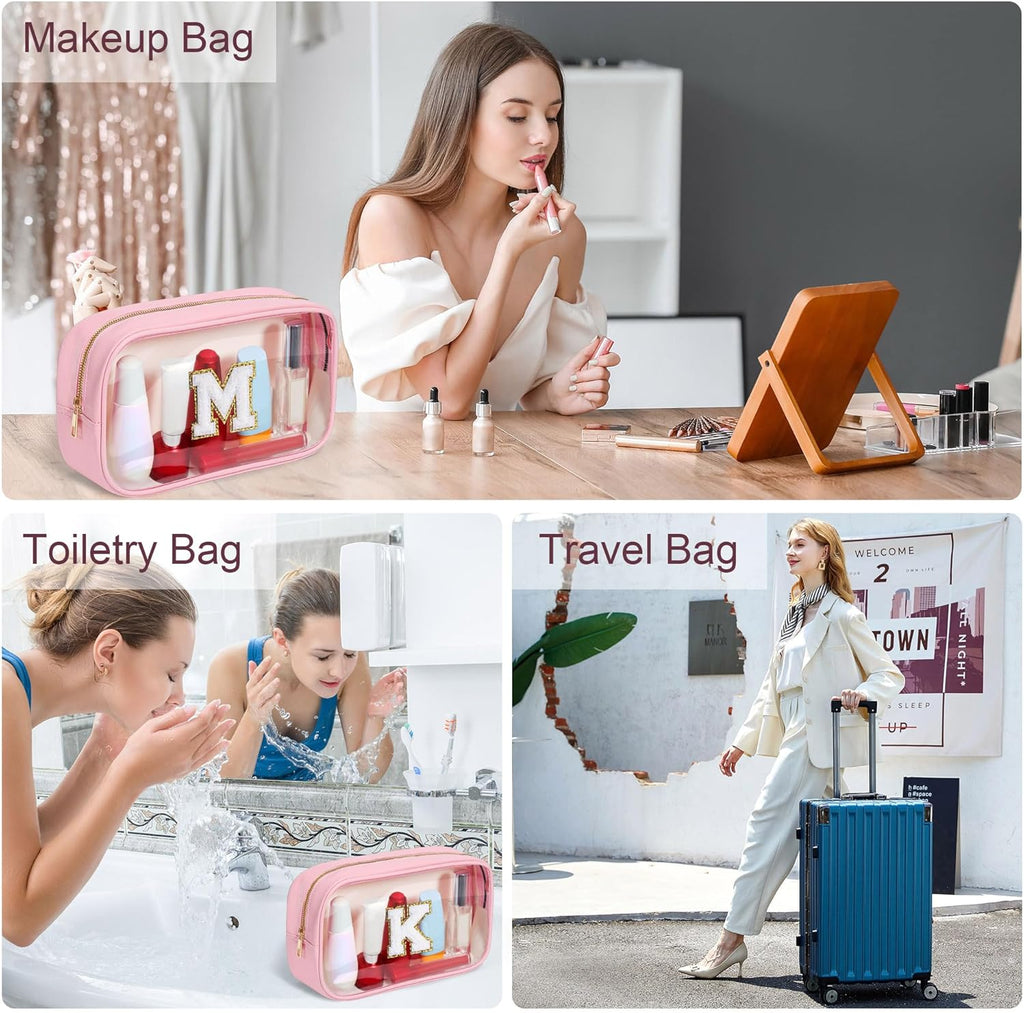 YOOLIFE Travel Toiletry Bag for Women, Pink Clear Makeup Bag Cute Make Up Bag Cosmetic Bags Skin Care Makeup Bag Organizer Birthday Gifts for Women Teacher Mother Girlfriend Initial P