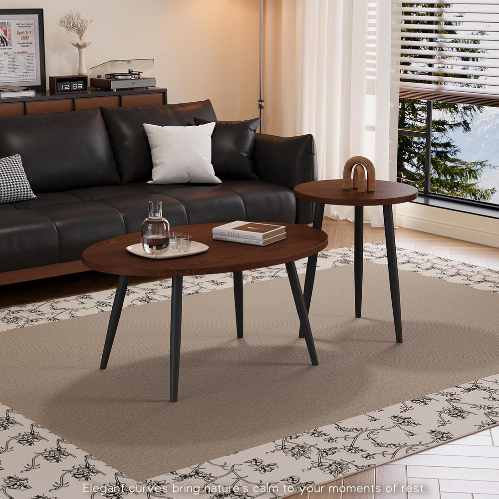 2 Pcs Small Oval Coffee Table,31.5" Retro Walnut Coffee Tables Nesting T...
