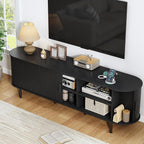 70.8" TV Stand with Power Outlet, Mid-Century Modern Television Stand, Fluted Media Console with Sliding Doors, Entertainment Center for TVs up to 60 Inch, Adjustable Shelves, Black