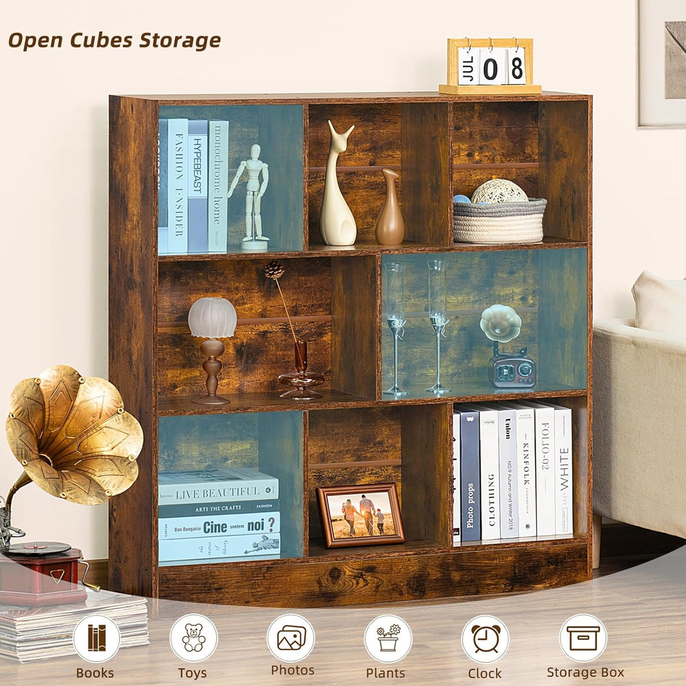 LEYAOYAO 8 Cube Bookshelf with Base,3 Tier Mid-Century Modern Brown Bookcase,...
