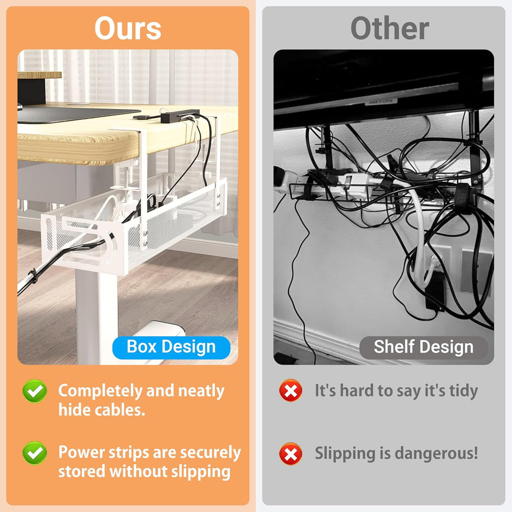 No Drill Under Desk Cable Management Tray, SONATURE 25.3" Cord Organizer for Table, Clamp Mount Desk Cable Management, Premium Carbon Steel Cable Organizer for Office, Home (White)