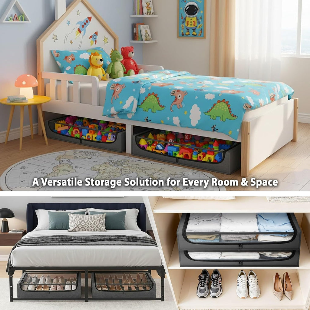 Under Bed Storage with Wheels, XXL Under Bed Drawers, Rolling Metal Drawer for Shoes, Clothes, Books, Toys, Under Bed Organizer with Clear Lids for Dorm Room, Bedroom, Kids Room, 2 Pack