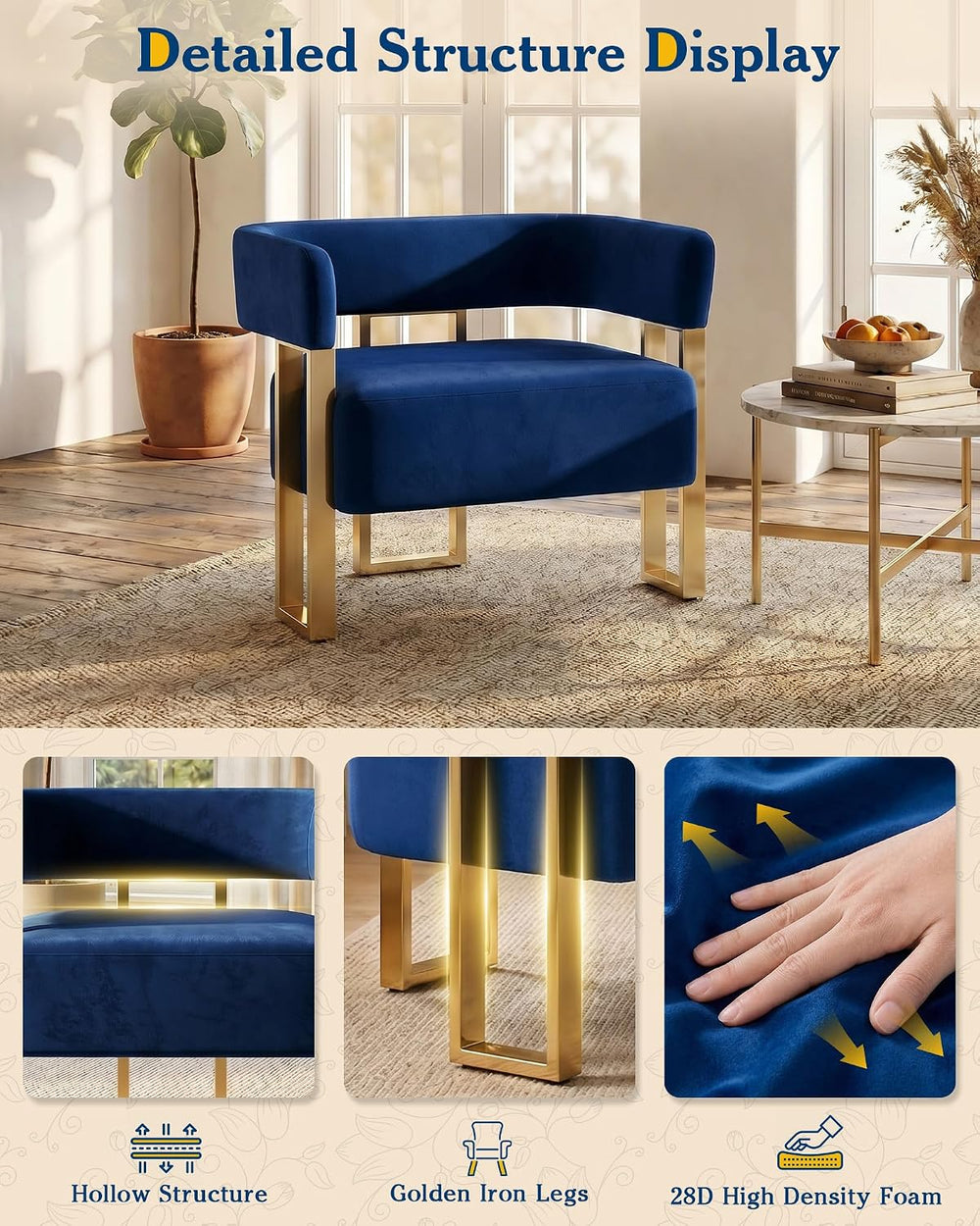 AODAILIHB Blue Modern Accent Chairs Set of 2, Velvet Barrel Chairs with Gold ...
