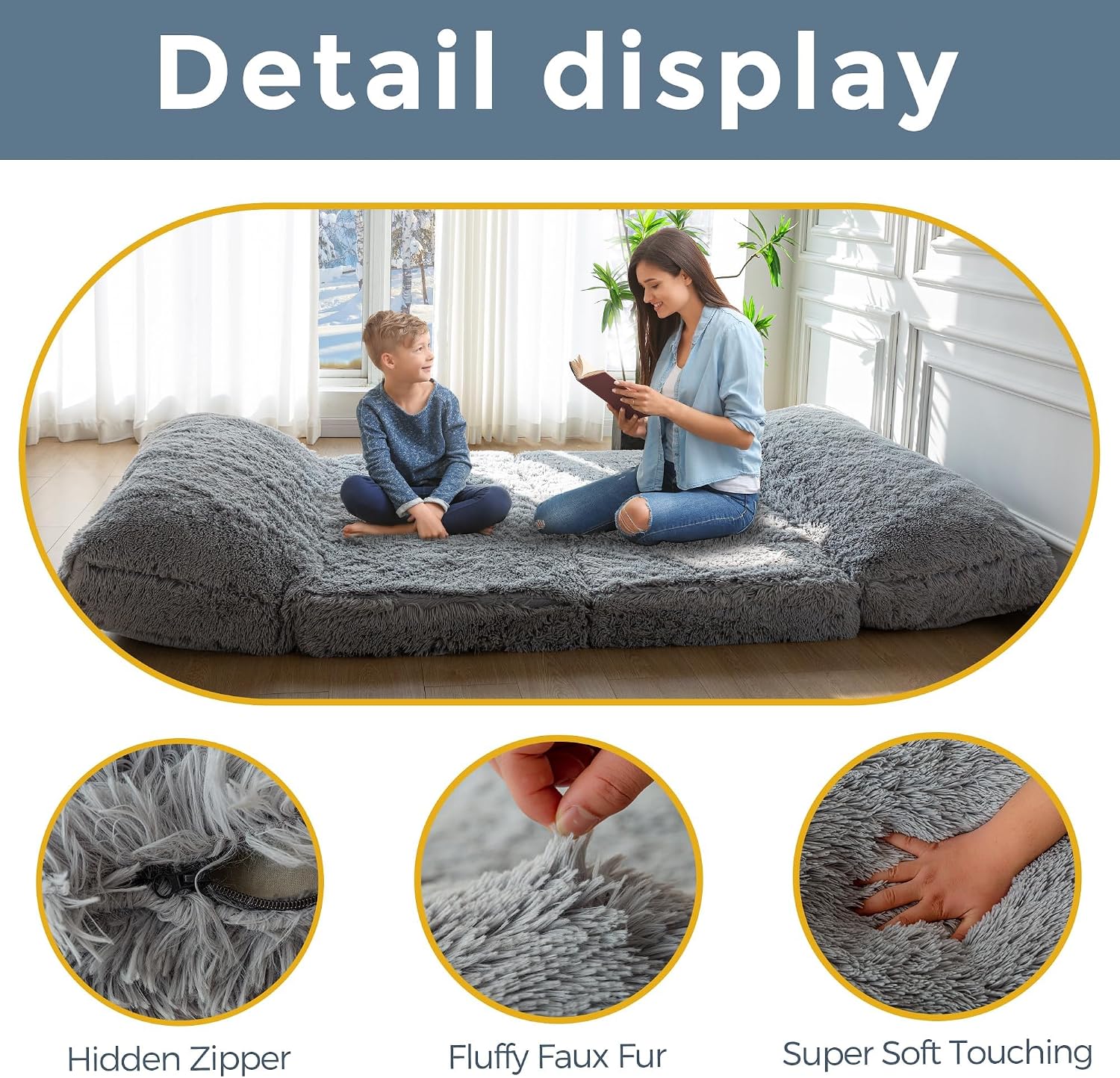 MAXYOYO Bean Bag Chair, Faux Fur Floor Sofa Floor Chairs for Adults, Folding Sofa Bed Foam Filling Wall Couch Chairs, Grey, 54x95 Inch