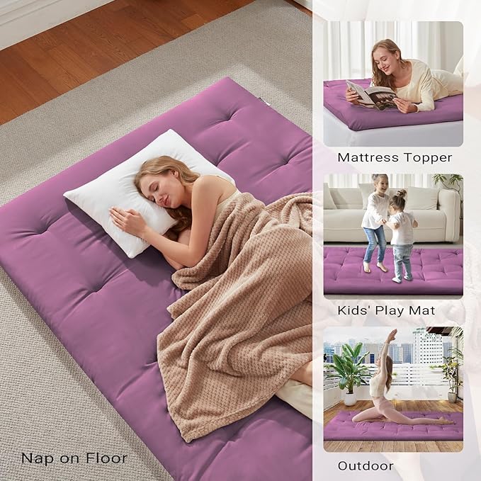 Japanese Floor Futon Mattress Queen Size 60"x 80", Foldable Floor Bed Mattress, Portable Tatami Mat Sleeping Pad, Folding Futon, Roll Up Floor Lounger for Guest Room Dormitory (Purple)
