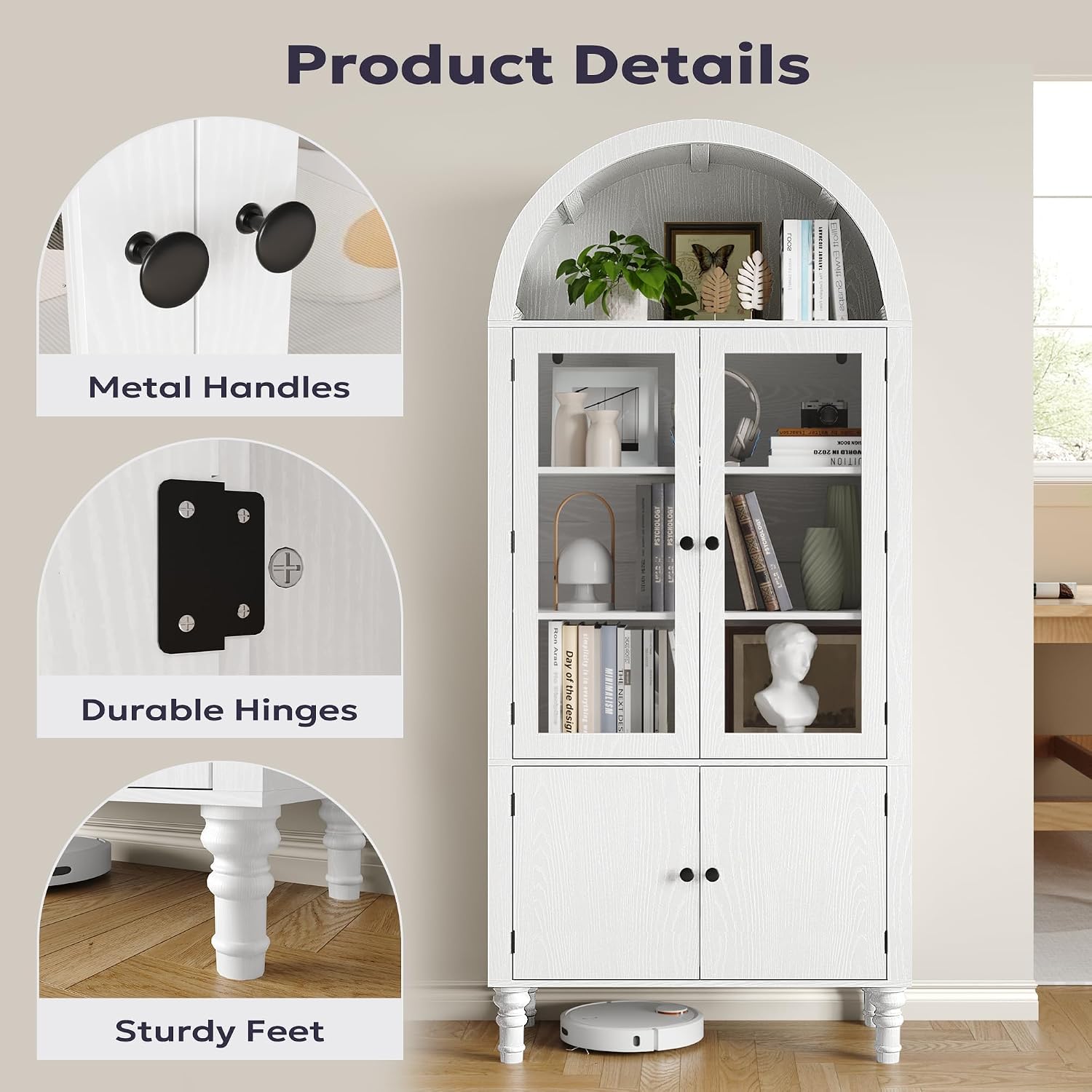 Furnify 71" Tall Arched Kitchen Pantry Cabinet with Door Shelves, White | Modern Kitchen Storage Cabinet with Doors, 3 Adjustable Shelves, Versatile Cupboard for Kitchen Dining Room Living Room