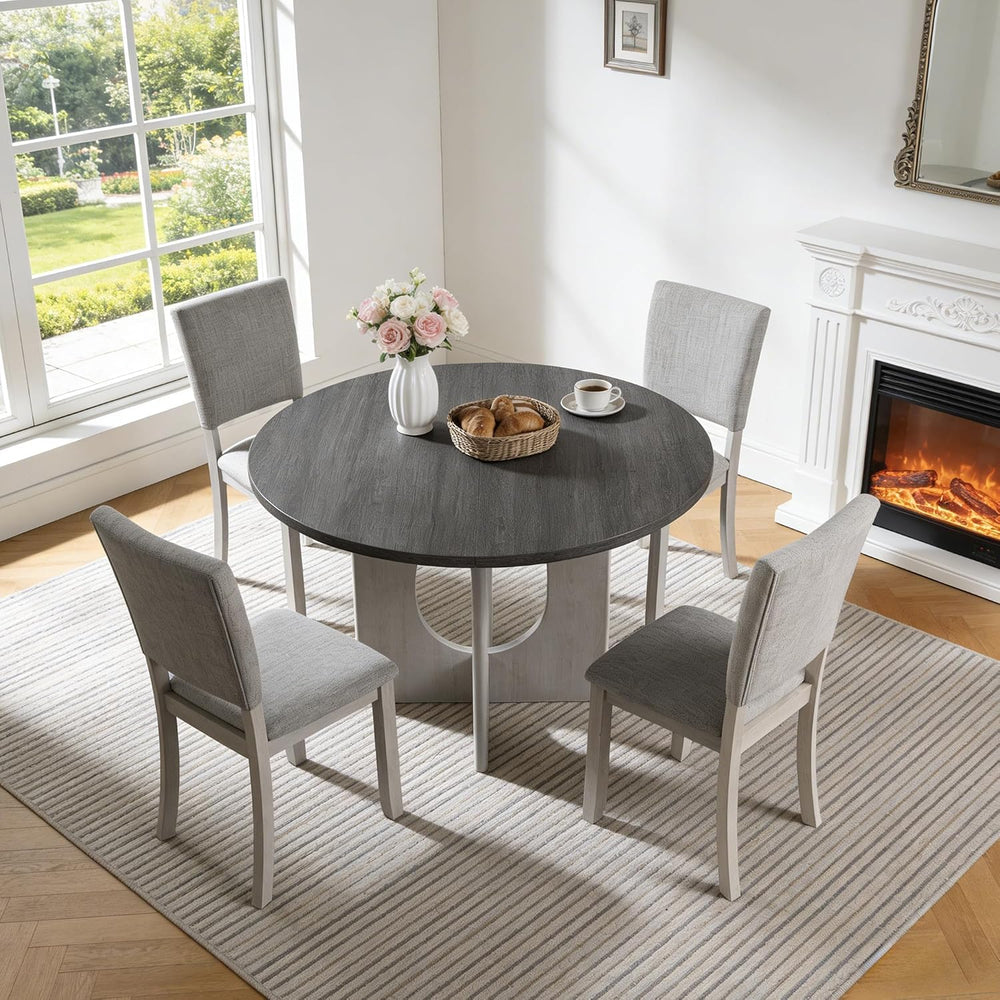 leovanni Round Dining Table Set for 4, Kitchen Table with 4 Upholstered Chair...
