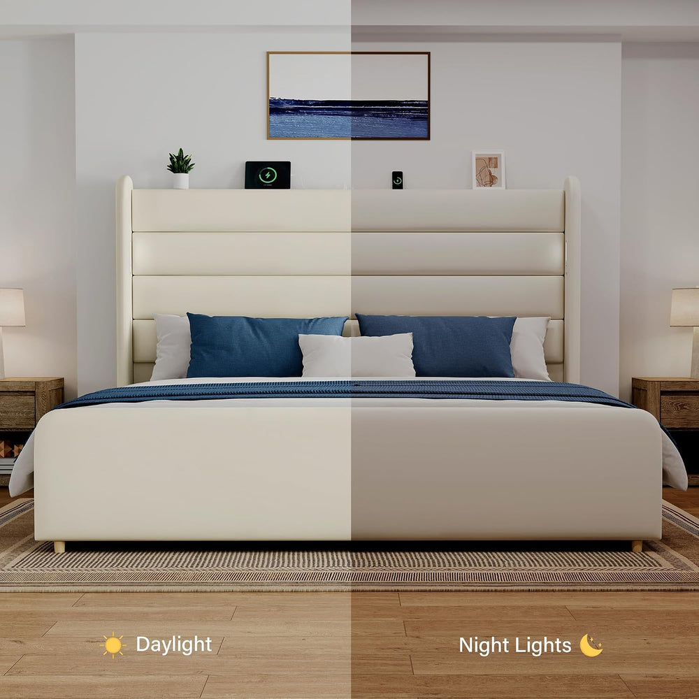 Queen Size Bed Frame with 59'' Tall Headboard with Readlight, White