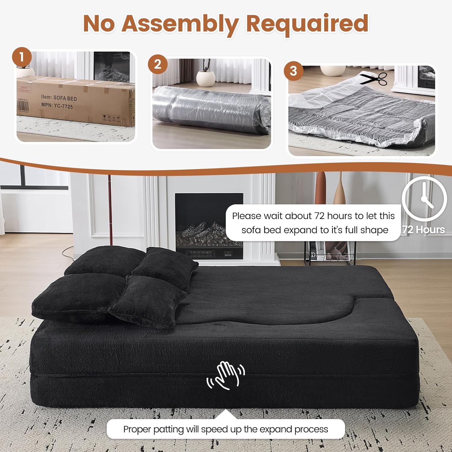 78” Folding Sleeper Sofa Bed, Full Size Boneless Couch, Black | Convertible Loveseat, Deep Seat, Soft Chenille, 4 Pillows, No Assembly Required, for Guest Living Room Bedroom