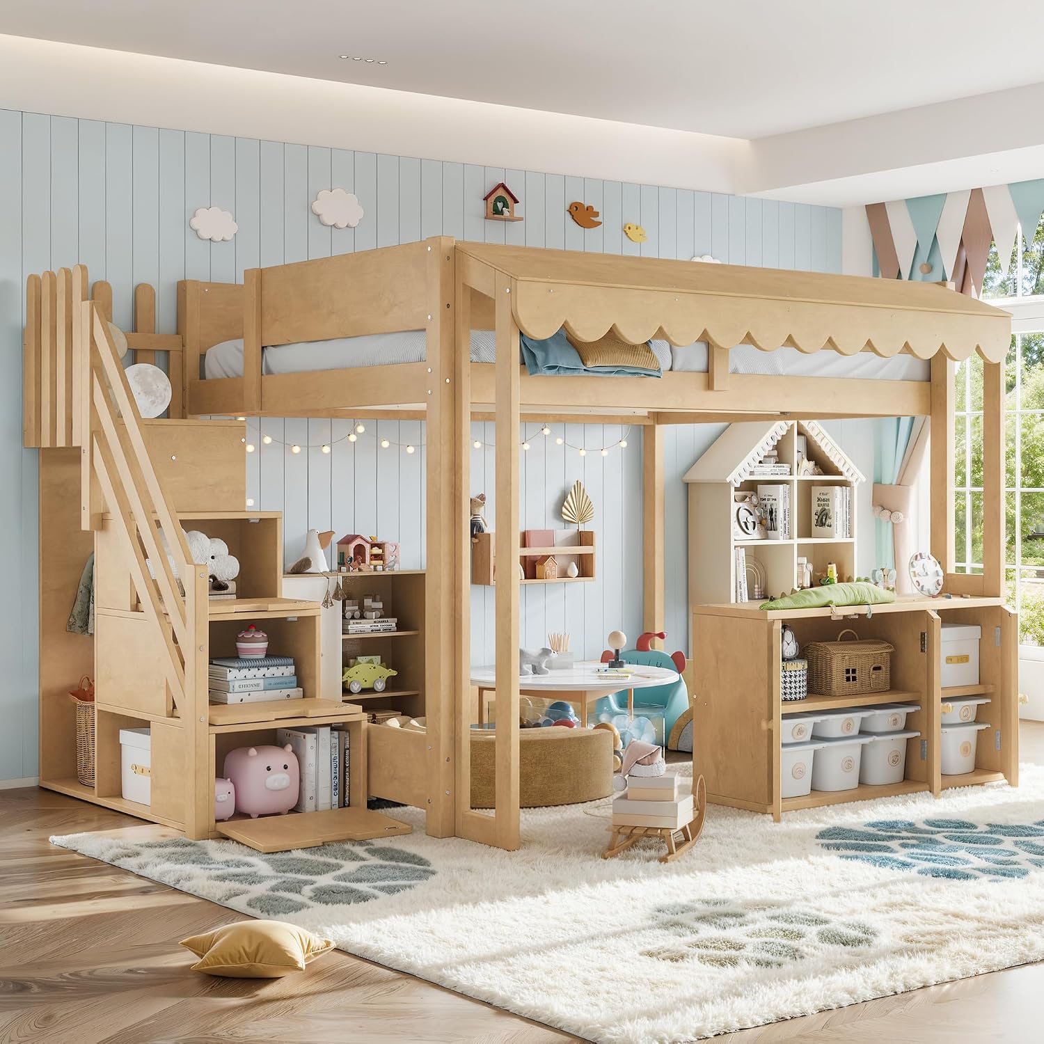 Full Over Full Loft Bed with Storage Stairs and Pretend Store Counter (Full)