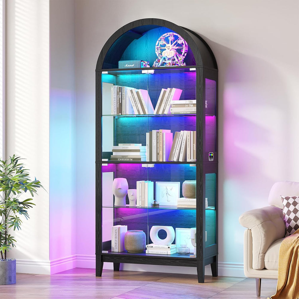 HNEBC Arched Display Case with RGB Lights, 69" Tall 5-Tier Tempered Glas...