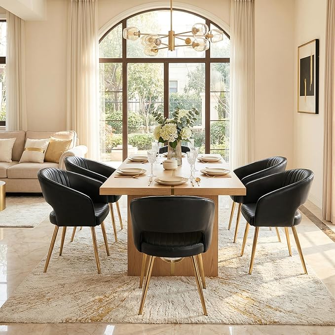Faux Leather Dining Chairs Gold Legs, Modern Black PU Leather Dining Room Chairs with Arms Set of 4 Upholstered Accent Chair Armchair with Barrel Back for Kitchen Living Room
