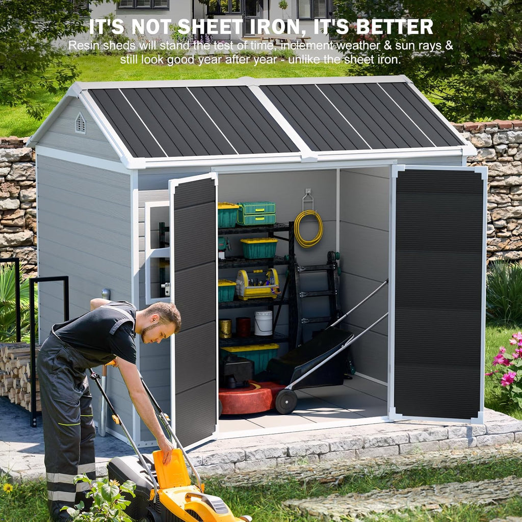 CDCASA 8x6 FT Resin Storage Sheds with Floor Included, Waterproof Large Outdoor Sheds & 2 Windows,Outside Plastic Tool Shed for Backyard Garden Patio Lawn Poolside