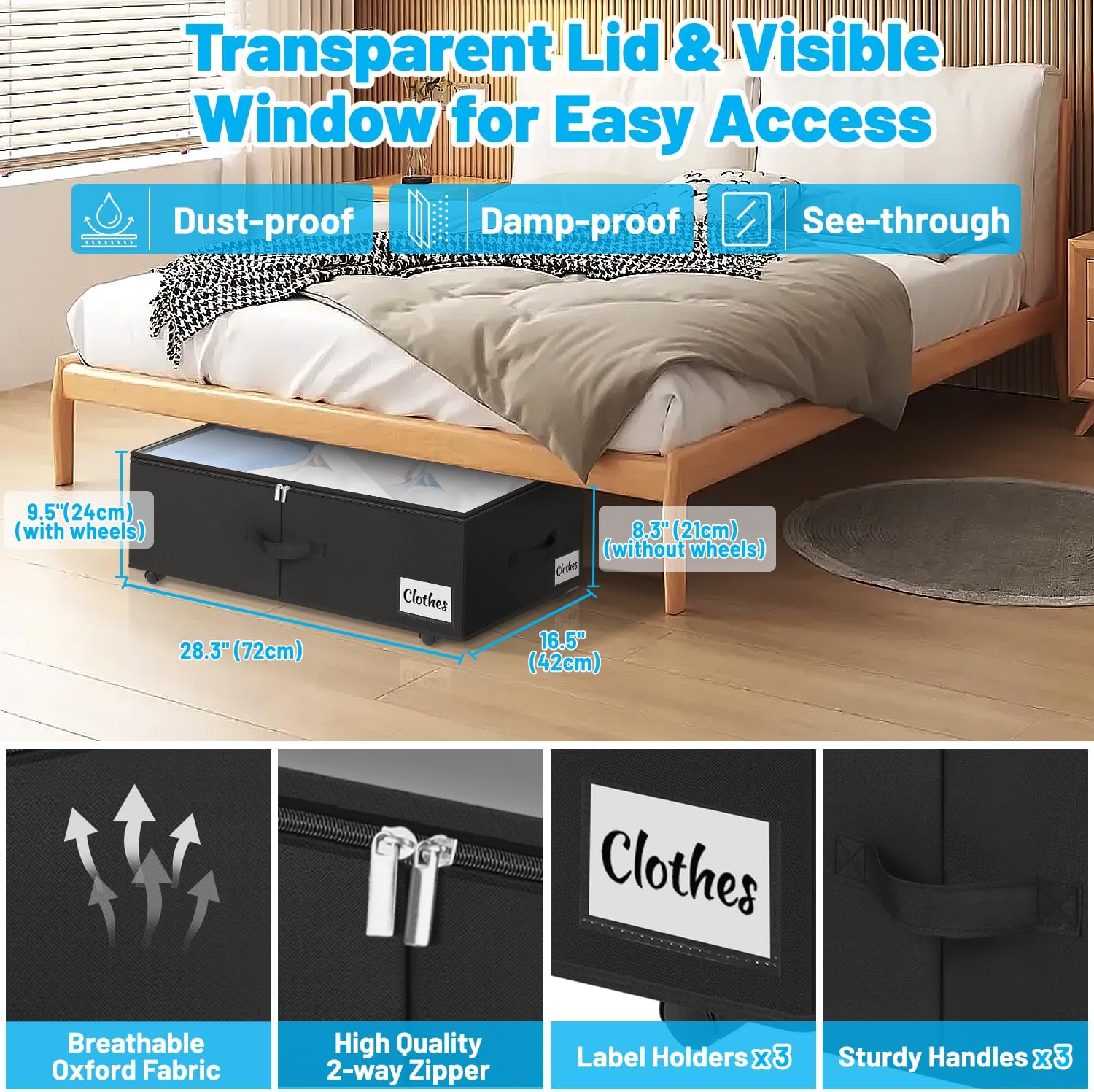 Under Bed Storage with Wheels, 2-Pack 10" Height XXL 60L Rolling Storage Bins, Quick Assembly Underbed Shoe Storage Containers with Clear Lid & Label, Dorm Under bed Drawers for Clothes, Shoes, Black
