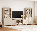 WAMPAT Modern TV Stand and Bookcase Set, Mid-Century Entertainment Center with Bookshelves and Cabinets for 75" TVs, Wood Media TV Console w/Adjustable Shelves for Living Room Bedroom, Light Oak