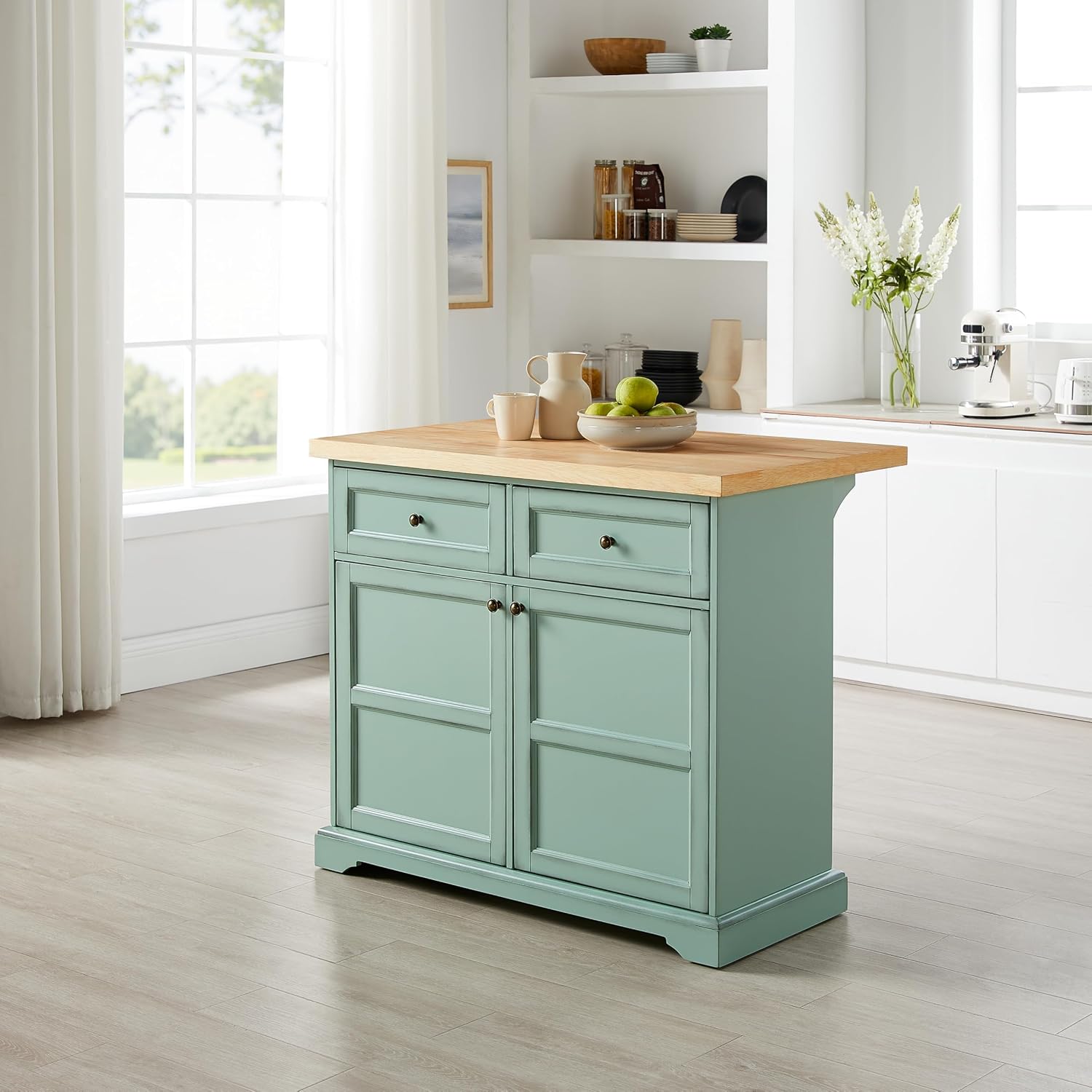 Crosley Furniture Holbrook Traditional Kitchen Island Breakfast Bar Table with Counter-Height Seating, Distressed Seafoam Blue
