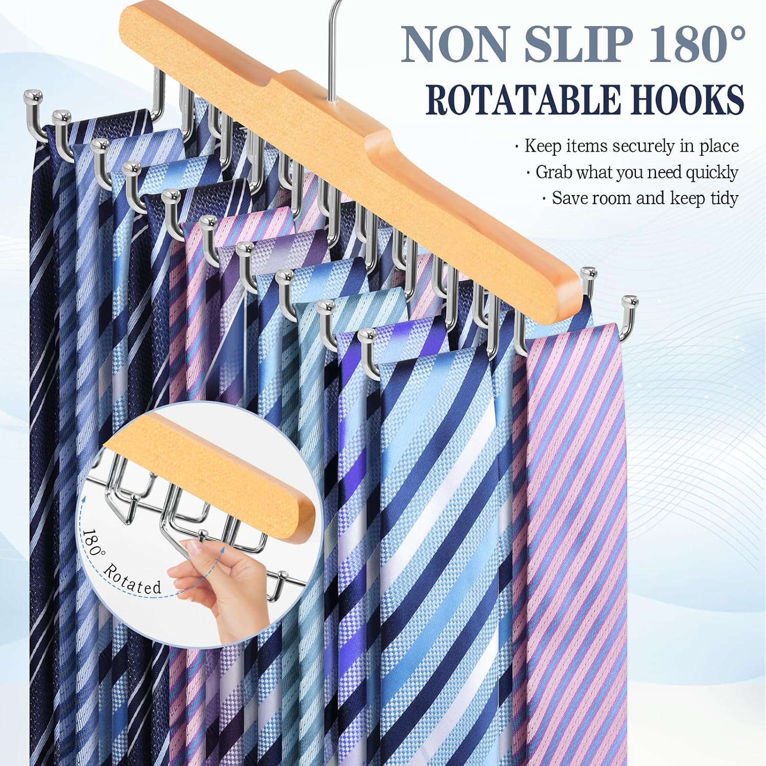 Tie Rack Hanger for Closet Fitnice Upgraded Non Slip Tie Holder Organizer Space Saving with 20 Foldable Hooks Wooden Belt Hanger for Tank Tops Bras Cami Scarves