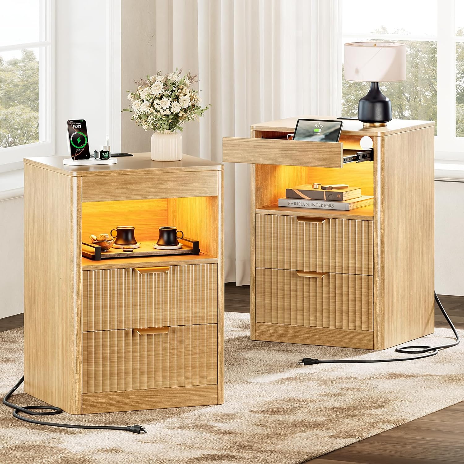 REAHOME Fluted Nightstand Set of 2 with Charging Station, Modern LED Night Stand with 2 Drawers and Pull Out Tray, Wood Bedside Table, End Side Table with Open Shelf for Bedroom,Natural