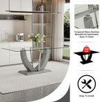 JUFU 71'' Glass Dining Table Set with 6 Light Grey PU Leather Chairs, Rectangle Kitchen Table Set Glass Dining Tabletop Modern Dinner Table Set for Kitchen, Dining Room