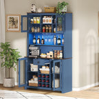 70.9" Kitchen Pantry Storage Cabinet Rustic Buffet Cabinet, Kitchen Hutch Cabinet with LED Outlets Food Pantry with Doors and Shelves Wine Rack for Dining Room, Navy Blue