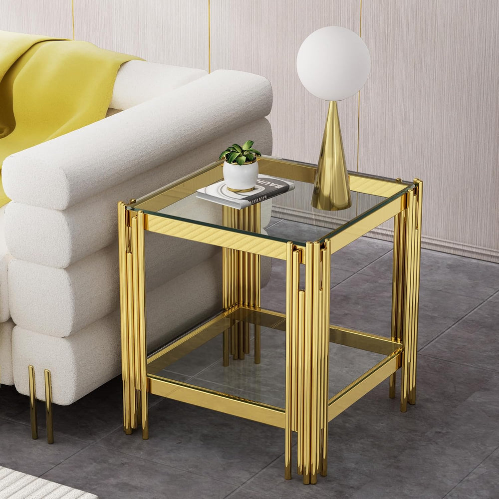Small Side Table, Square End Table with Tempered Glass & Irregular Gold S...