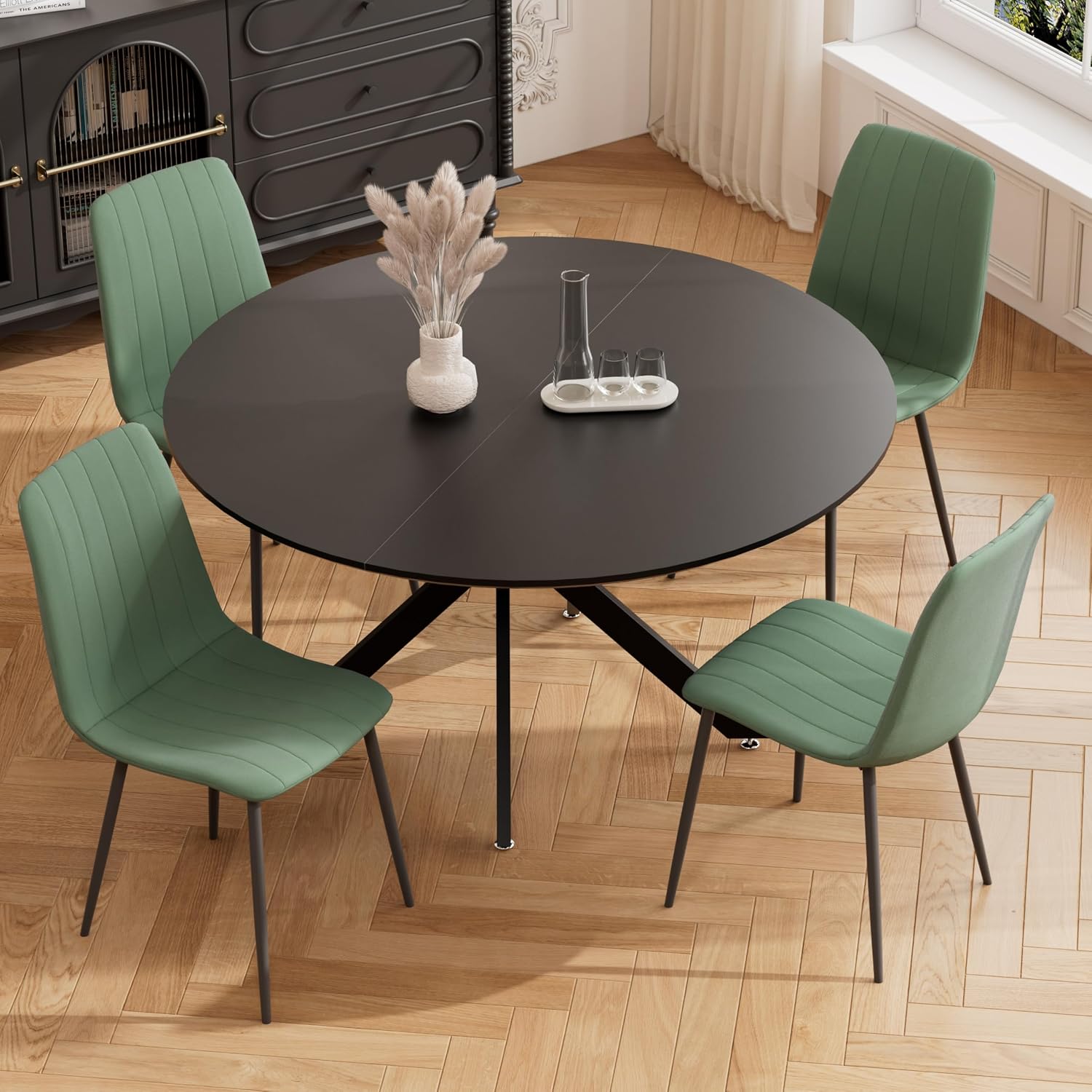 RGZ 47" Round Dining Table Set for 4, 5 PCS Modern Wooden Black Circle Kitchen Table with Steel Legs & 4 Green Velvet Upholstered Chairs for Dining Room, Living Room, Kitchen