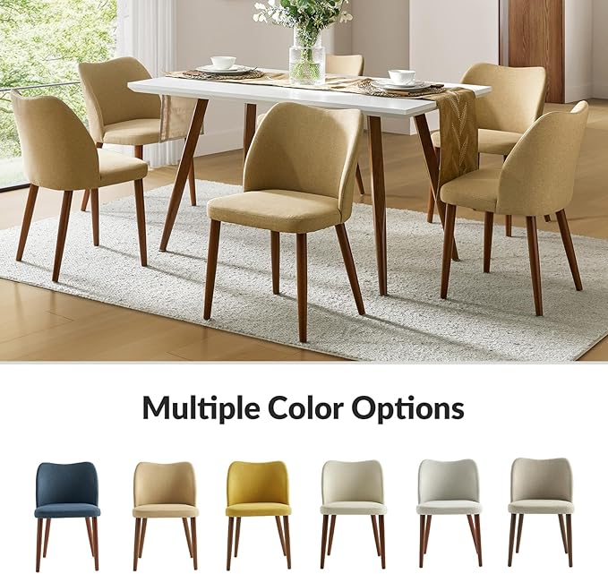 Dining Chairs Set of 6, Upholstered Kitchen Dining Room Chair Set Morden Accent Side Dinner Chair with Curved Padded Back Wood Legs for Restaurant/Cafe, Tan