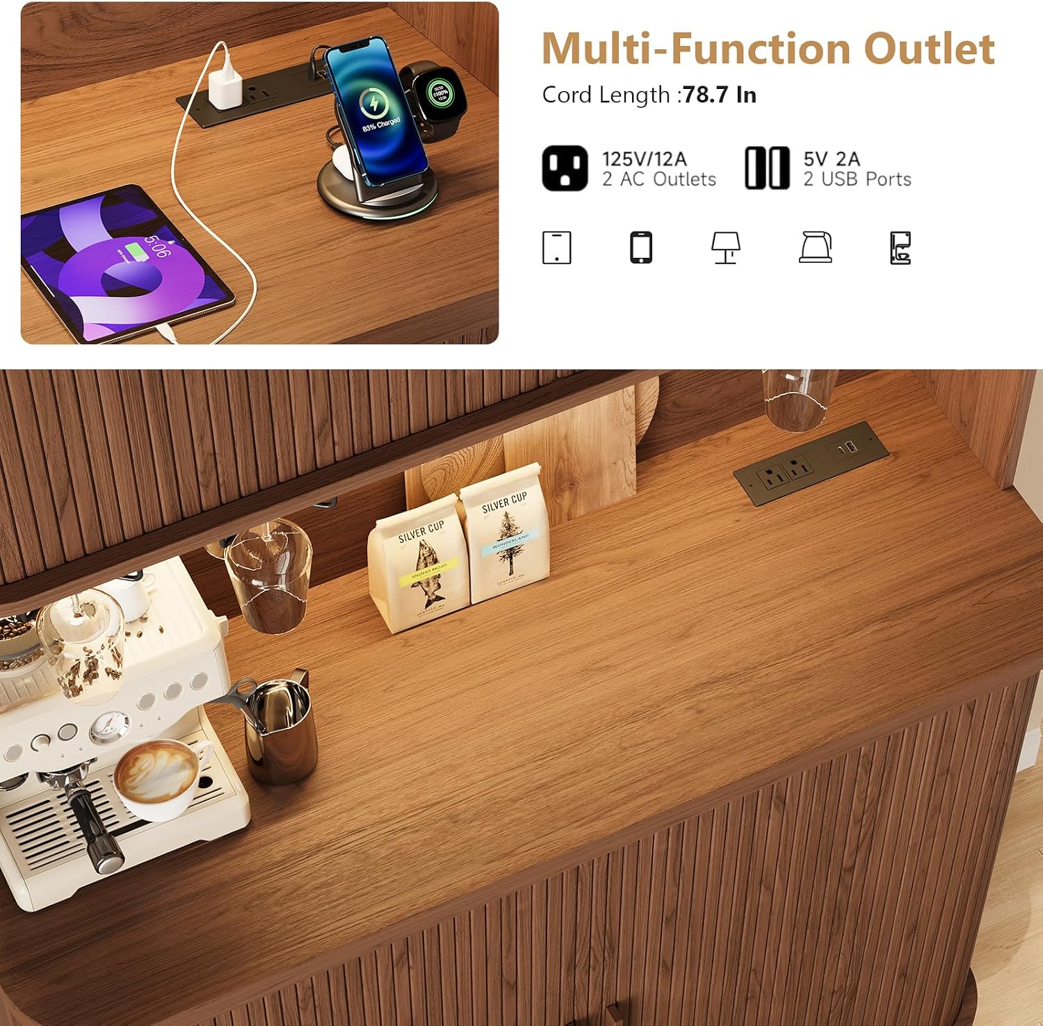 ONBRILL 71" Tall Wine Bar Cabinet with Storage (Walnut) | Fluted Liquor Cabinet, Modern Coffee Bar Cabinet, Large Home Bar, with LED Lights, Power Outlet, for Living Room, Kitchen
