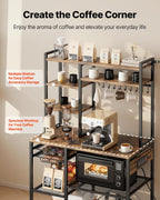 VEVOR Kitchen Bakers Rack with Power Outlets, 35.4x15.7x70.9 Inch Microwave Stand with Built-in Power Strip & 5 Ft Cord, 10 S-Shaped Hooks, for Dish Storage, Spice Jars, Coffee Bar Organization
