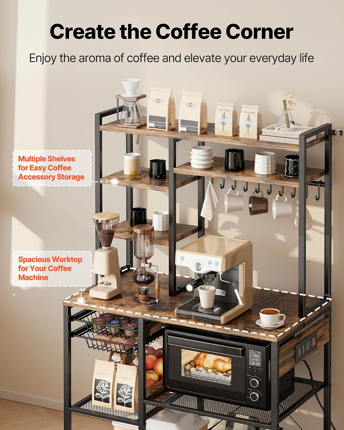 VEVOR Kitchen Bakers Rack with Power Outlets, 35.4x15.7x70.9 Inch Microwave Stand with Built-in Power Strip & 5 Ft Cord, 10 S-Shaped Hooks, for Dish Storage, Spice Jars, Coffee Bar Organization