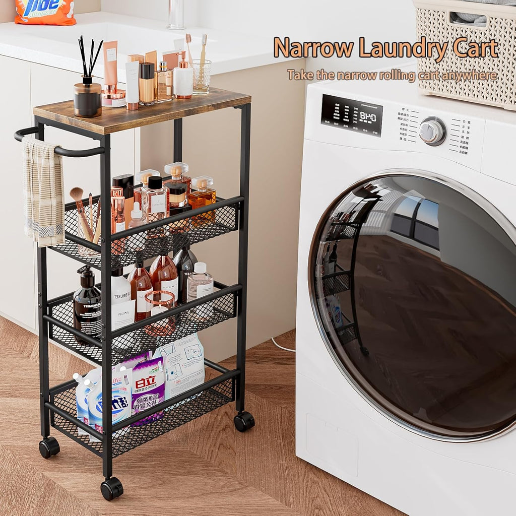 AZERPIAN Slim Rolling Cart 4 Tier Narrow Storage Cart on Wheels with MDF Board Top and Metal Handle for Small Space Kitchen Living Room Bathroom Laundry Room (16.38 x 9.06 x 30.31inch)