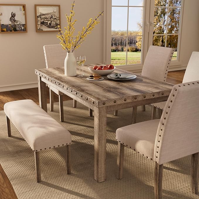 Morden Fort Dining Table Set for 6, Farmhouse Wooden Table & Upholstered Bench & 4 Dining Chairs, Kitchen Dining Set with Nailhead Accents, Rectangular Table Sets for 6 for Kitchen/Dining Room