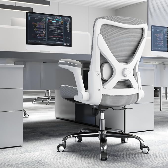 Ergonomic Office Chair-Computer PU Leather X-Shaped Desk Chair-Gaming Chair with Adjustable Flip-up Armrests Lumbar Support Mesh Executive Chair for Long Hours Office (White-Grey)