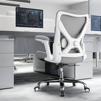 Ergonomic Office Chair-Computer PU Leather X-Shaped Desk Chair-Gaming Chair with Adjustable Flip-up Armrests Lumbar Support Mesh Executive Chair for Long Hours Office (White-Grey)