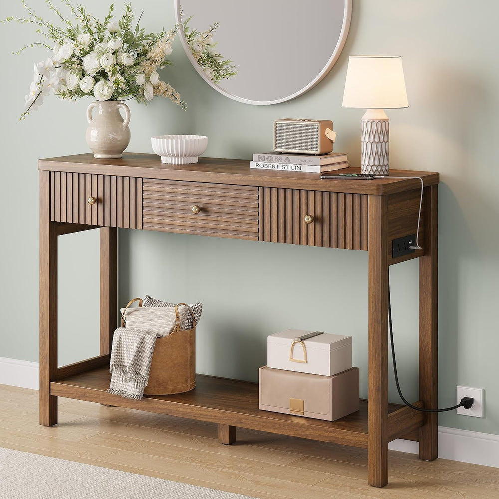 Decofy 47'' Fluted Console Table with Charging Station & 3 Drawer...