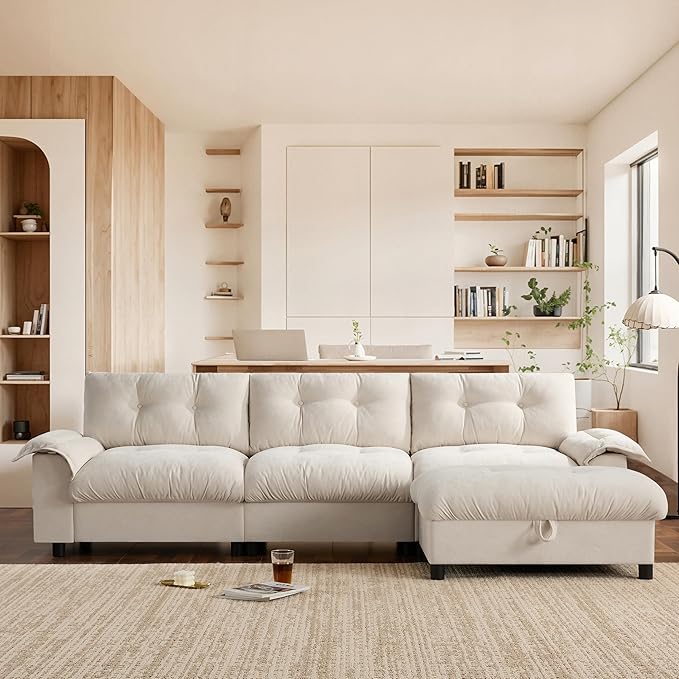 Ball & Cast Modular L Shaped Sectional Sofa with Movable Storage Ottoman and Dual-Port Charging,4 Seater Comfy Cloud Couch W/Side Storage Pockets & Cup Holder,for Living Room,Apartment,Beige,104"