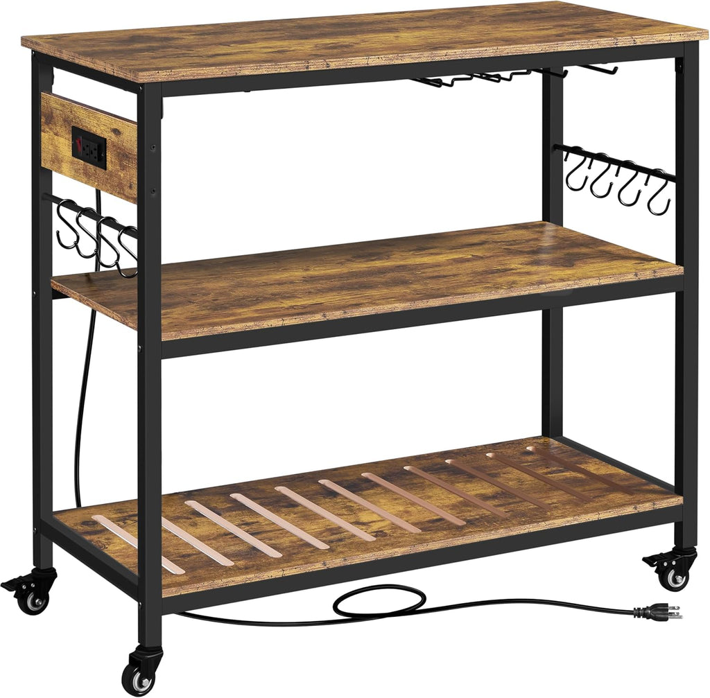 Yaheetech Kitchen Island Cart with Power Outlet, 3 Shelves, Rustic Brown | 40 Inches Rolling Kitchen Island With Storage, 3-Tier Coffee Cart with Footpads, Wine Rack Glass Holder Hooks for Dining Room