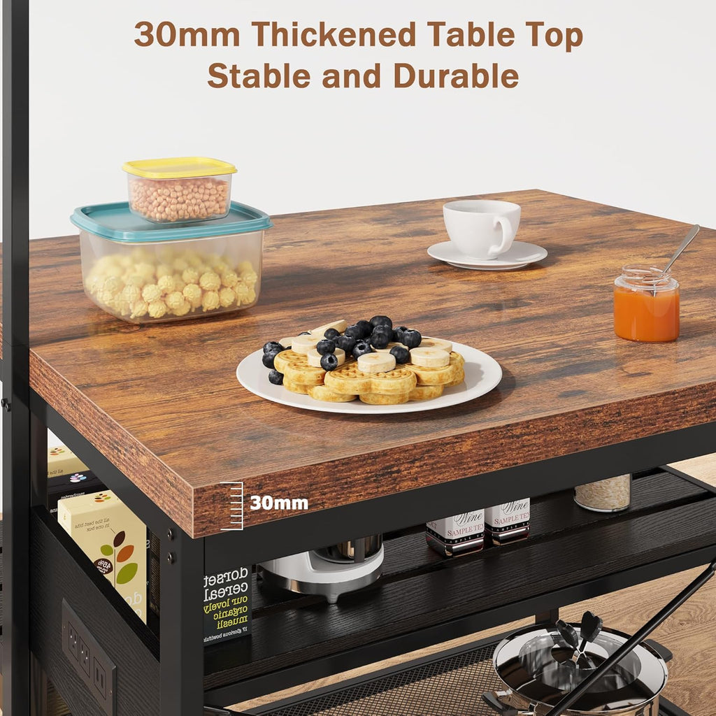 IDEALHOUSE 47" Kitchen Island with Electrical Outlets - Rolling Microwave Stand with 3-Tier Shelves, 5 Hooks & 400lb Capacity (Black & Wood)