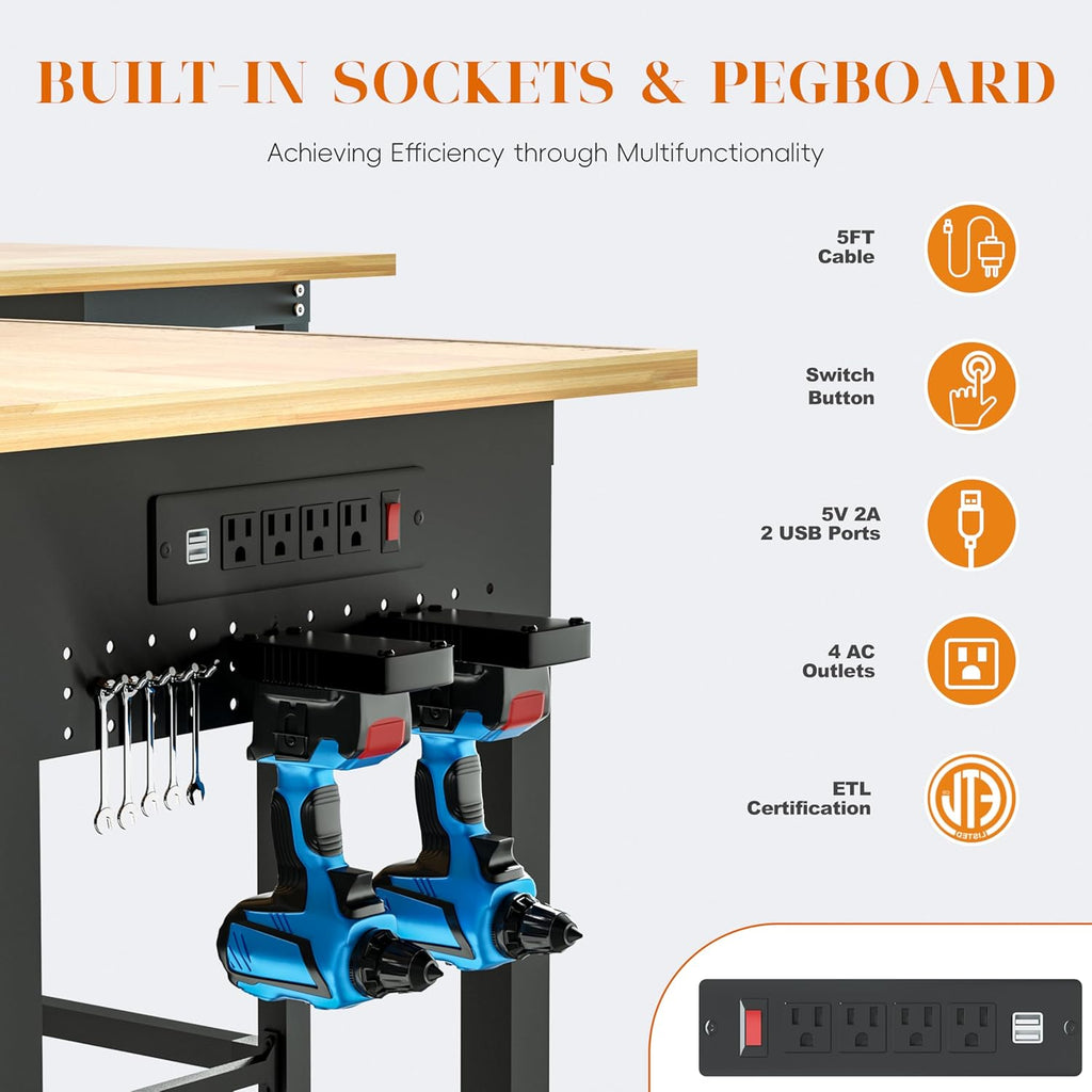 Betterhood 48"/60" Heavy-Duty Adjustable Workbench for Garage, Rubber Wood Shop Table,Hardwood Workstation Weight Capacity Over 1500 Lbs (L Shape/Rubber Pad/Power Outlets/Ruler/57.1" x47.2)