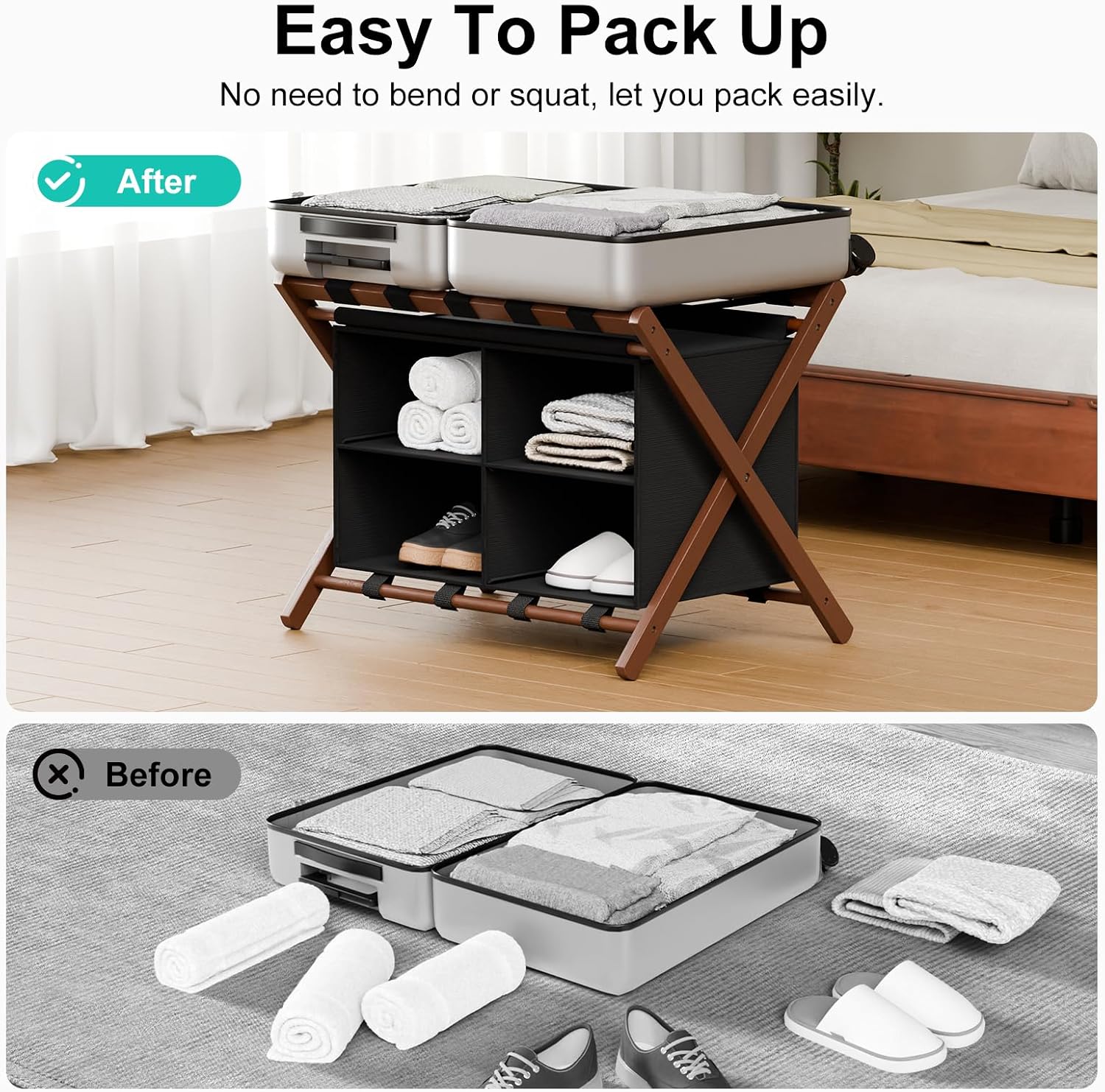 Bamboo Luggage Rack with 4 Storage Compartments, 150 lb Capacity | 600D Water-Resistant Oxford Fabric,Foldable,Space-Saving Design,Stable X-Frame Structure,Natural Bamboo, Strong and Durable
