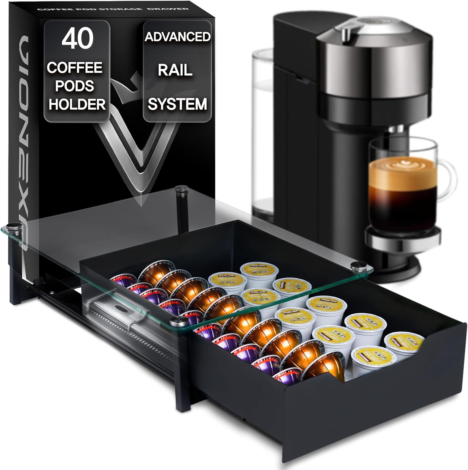 Coffee Pod Holder with Rail Drawer for Nespresso – 40 Pods Capacity for Nespresso Vertuoline & K-cups Capsule – Tempered Glass and Anti-Slip Base Metal Coffee Pods Organizer 16.14x11.81x3.94
