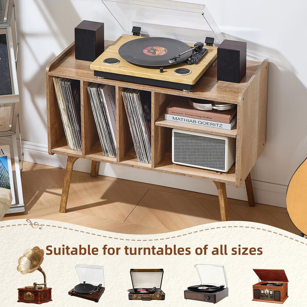 Lerliuo Record Player Stand with 4 Cabinet Holds Up to 220 Albums,Oak | Large Turntable Stand with Wood Legs, Mid-Century Record Player Table,Vinyl Holder Storage for Bedroom Living Room