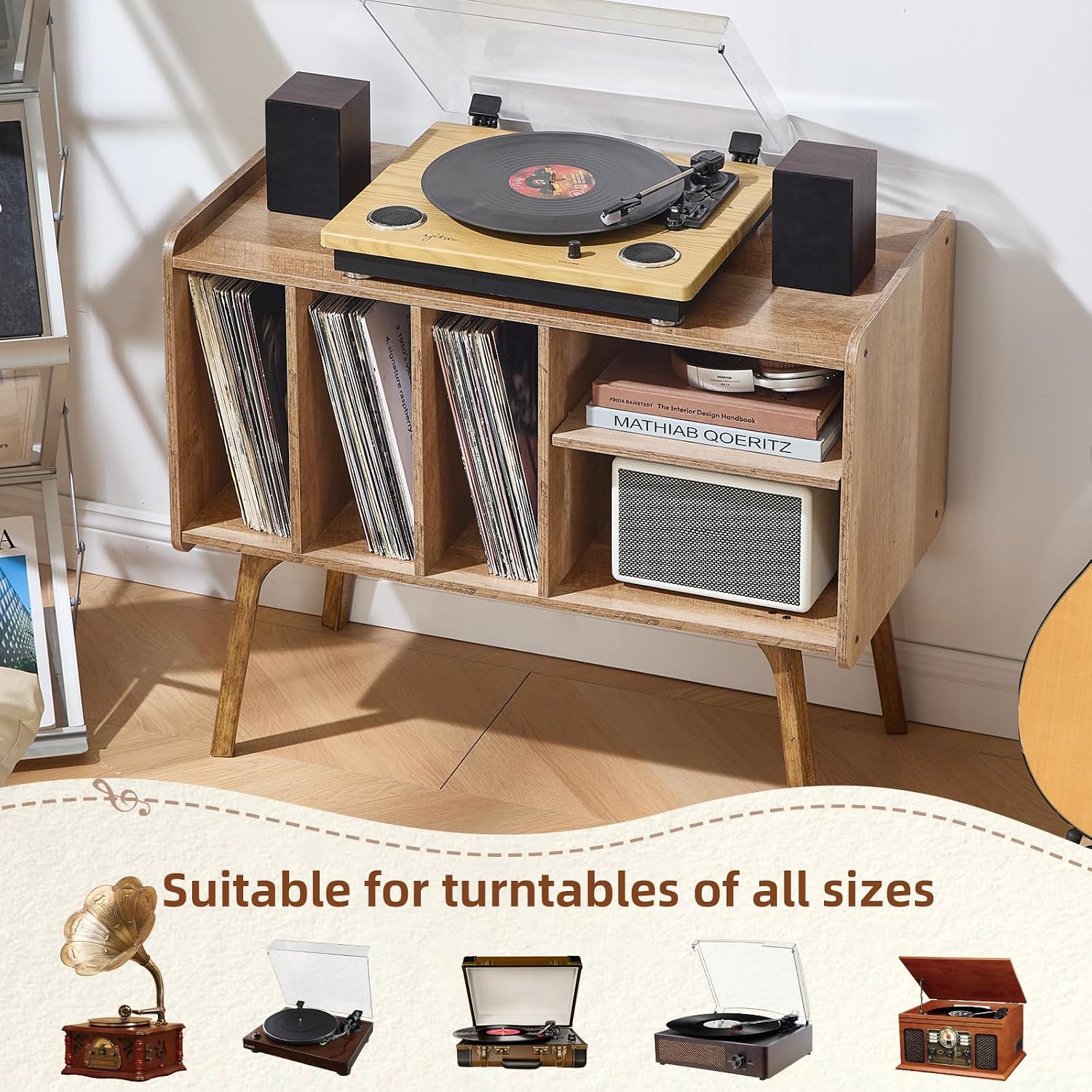 Lerliuo Record Player Stand with 4 Cabinet Holds Up to 220 Albums,Oak | Large Turntable Stand with Wood Legs, Mid-Century Record Player Table,Vinyl Holder Storage for Bedroom Living Room