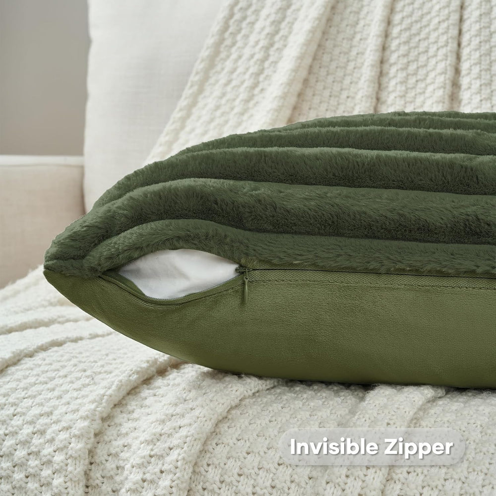 FUTEI Pack of 2 Faux Fur Throw Pillow Covers 28x28 Inch, Olive Green