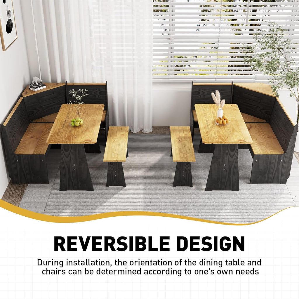 Kitchen Breakfast Nook Table Set - Solid Wood Corner Bench Dining Set for 4-6 People, L Shaped Bench for Dinner Room, Space Saving Kitchen Booth Seating with Table for Small Space, Ink Black