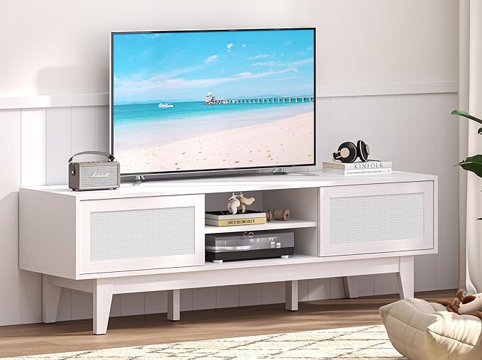 Boho TV Stand for 55 65 Inch TV, Rattan Entertainment Center with Shelves, Ca...