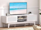 Boho TV Stand for 55 65 Inch TV, Rattan Entertainment Center with Shelves, Cabinets and Sliding Doors, TV Media Console Table with Solid Wood Feet & Cord Holes for Living Room, Bedroom, White