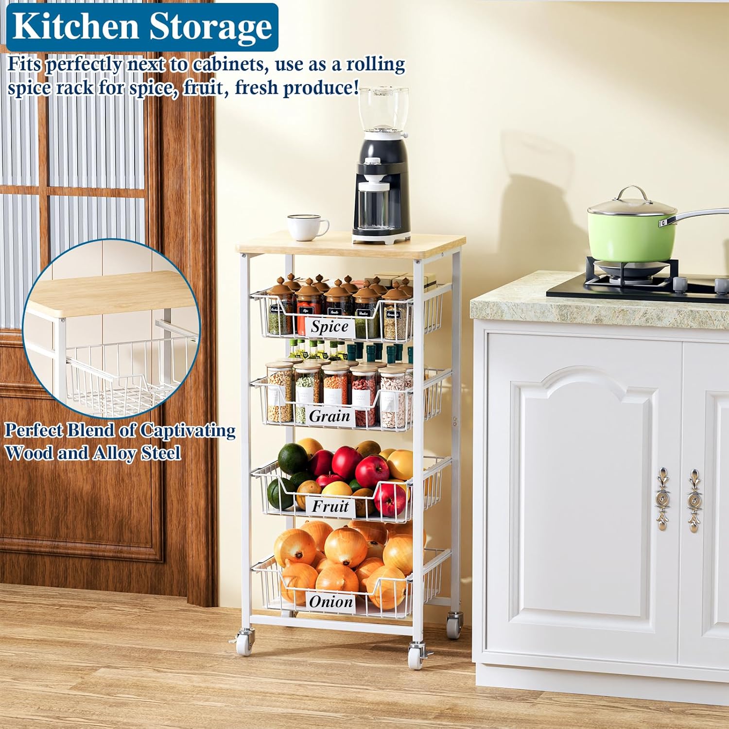 5-Tier Small Kitchen Storage Cart on Wheels with Pull-Out Drawers, Rolling Pantry and Snack Organizer Cart with Wood Top, Kitchen Floor Fruit Basket Stand for Fruit Potato Onion Veggie Snack